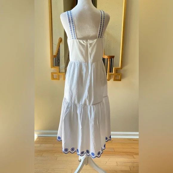 J. Crew Embroidered Saffron scalloped tiered white blue trim dress $128 - Picture 5 of 15